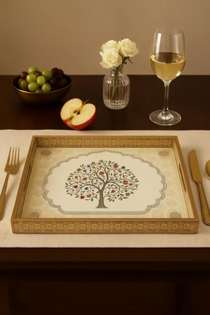 Decorative Wooden Serving Tray Set with Tree of Life Design, Gold Border, 3-Piece Nesting Storage Boxes