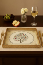 Decorative Wooden Serving Tray Set with Tree of Life Design, Gold Border, 3-Piece Nesting Storage Boxes - Image 4