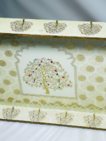 Decorative Wooden Serving Tray Set with Tree of Life Design, Gold Border, 3-Piece Nesting Storage Boxes - Image 6