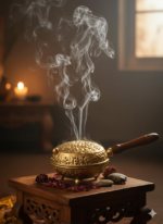 Decorative Brass Incense Burner with Wooden Handle, Perforated Lid Design, Traditional Style