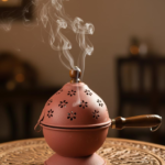 Decorative Terracotta Incense Holder with Floral Cut Design and Wooden Handle, Dome-Shaped