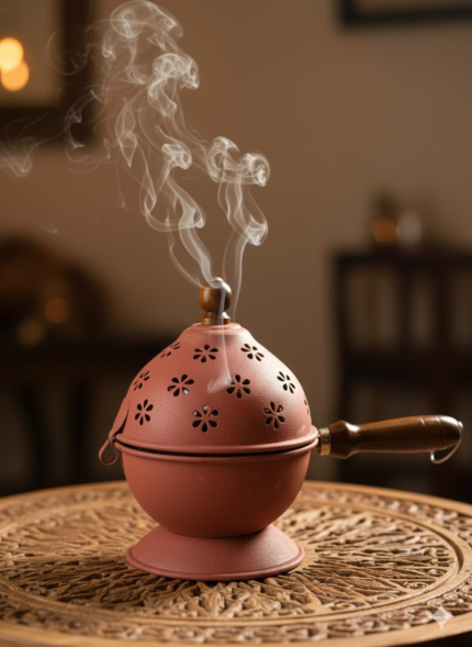 Decorative Terracotta Incense Holder with Floral Cut Design and Wooden Handle, Dome-Shaped