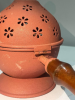 Decorative Terracotta Incense Holder with Floral Cut Design and Wooden Handle, Dome-Shaped - Image 3