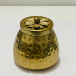 Decorative Gold Metal Storage Container with Hammered Texture, Flower Lid Design, Small Round Jar