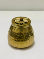 Decorative Gold Metal Storage Container with Hammered Texture, Flower Lid Design, Small Round Jar