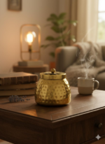 Decorative Gold Metal Storage Container with Hammered Texture, Flower Lid Design, Small Round Jar - Image 3