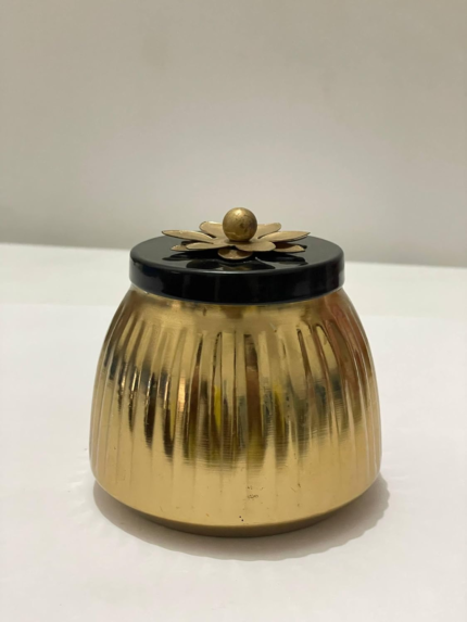 : Elegant Hammered Texture Metal Container with a Decorative Flower-Shaped lid Design and Smooth Golden Finish That adds Sophistication to Any Space