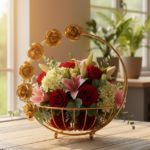 Decorative Gold Metal Basket with Rose Handle, Round Floral Display Stand, Elegant Home Decor