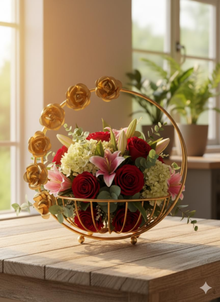 Decorative Gold Metal Basket with Rose Handle, Round Floral Display Stand, Elegant Home Decor