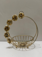 Decorative Gold Metal Basket with Rose Handle, Round Floral Display Stand, Elegant Home Decor - Image 4