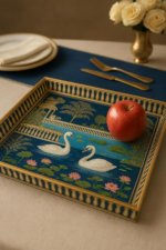 Decorative Swan Lake Serving Tray, Gold-Trimmed Frame, Navy Blue Design with Lotus Pattern, 35 x 25 cm - Image 4
