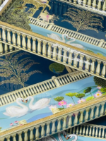 Decorative Swan Lake Serving Tray, Gold-Trimmed Frame, Navy Blue Design with Lotus Pattern, 35 x 25 cm - Image 6