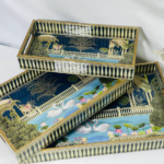 Decorative Swan Lake Serving Tray, Gold-Trimmed Frame, Navy Blue Design with Lotus Pattern, 35 x 25 cm