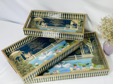 Decorative Swan Lake Serving Tray, Gold-Trimmed Frame, Navy Blue Design with Lotus Pattern, 35 x 25 cm