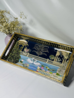 Decorative Swan Lake Serving Tray, Gold-Trimmed Frame, Navy Blue Design with Lotus Pattern, 35 x 25 cm - Image 8