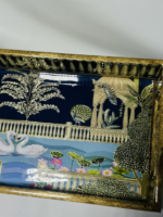 Decorative Swan Lake Serving Tray, Gold-Trimmed Frame, Navy Blue Design with Lotus Pattern, 35 x 25 cm - Image 7