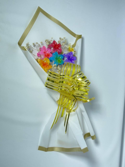 Cleature Baque Rainbow Paper Flower Bouquet, Handcrafted Artificial Flowers with Gold Ribbon, White Presentation Wrap, 35 cm