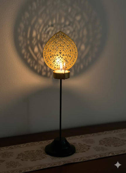 Decorative Metal Tea Light Candle Holder with Cutwork Pattern, Golden with Black Stand