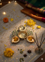 Decorative Brass Puja Thali Set with Peacock Design,Diya Holders, Blue and Green Gemstone Accents