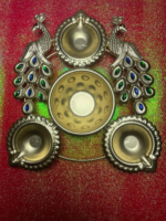 Decorative Brass Puja Thali Set with Peacock Design,Diya Holders, Blue and Green Gemstone Accents - Image 3
