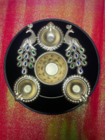 Decorative Brass Puja Thali Set with Peacock Design,Diya Holders, Blue and Green Gemstone Accents - Image 5