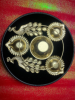 Decorative Brass Puja Thali Set with Peacock Design,Diya Holders, Blue and Green Gemstone Accents - Image 4