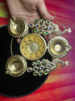 Decorative Brass Puja Thali Set with Peacock Design,Diya Holders, Blue and Green Gemstone Accents - Image 6