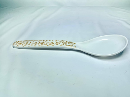 Plastic Soup Spoon with Gold Floral Pattern, White, Deep Bowl Design