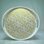 Decorative Round Serving Tray with Gold Floral Pattern, White Plastic with Handles