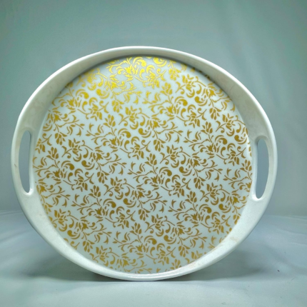 Decorative Round Serving Tray with Gold Floral Pattern, White Plastic with Handles