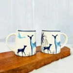 Ceramic Deer and Bird Coffee Mugs, White with Blue Nature Design, Premium Glazed Finish, Set of 2