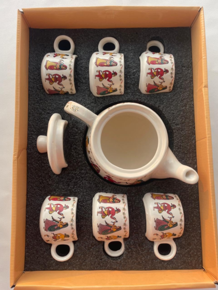 Handcrafted Warli Art Ceramic Tea Set – 1 Teapot & 6 Cups | Traditional Indian Design