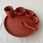 Traditional Handcrafted Terracotta Dining Set, Natural Clay Thali Plate with 3 Bowls, Tumbler and Spoon, Traditional Indian Dinnerware