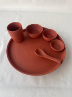 Traditional Handcrafted Terracotta Dining Set, Natural Clay Thali Plate with 3 Bowls, Tumbler and Spoon, Traditional Indian Dinnerware