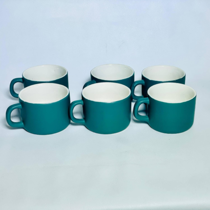 Modern Ceramic Coffee Mugs, Teal Matte Finish, White Interior, Cylindrical Shape, Set of 6 Cups for Daily Use and Entertaining