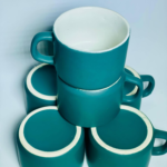 Modern Ceramic Coffee Mugs, Teal Matte Finish, White Interior, Cylindrical Shape, Set of 6 Cups for Daily Use and Entertaining - Image 3