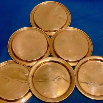 Traditional Handcrafted Round Brass Coaster Set, Golden Polished Finish, Decorative Table Protection, 6 Piece Set for Hot and Cold Beverages