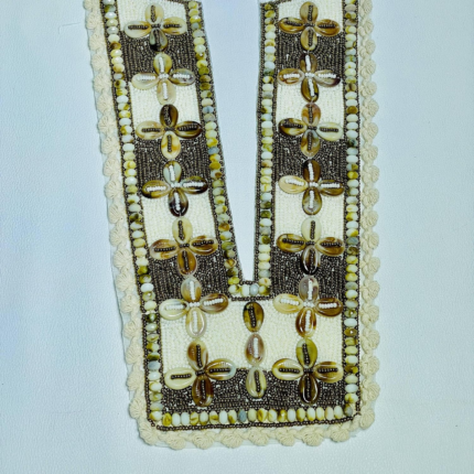 Handcrafted Cowrie Shell V-Neck Patch, Natural Beaded Applique with Floral Cross Pattern, Bohemian Style Trim for Ethnic Wear and Resort Clothing, Cream and Brown