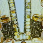 Handcrafted Cowrie Shell V-Neck Patch, Natural Beaded Applique with Floral Cross Pattern, Bohemian Style Trim for Ethnic Wear and Resort Clothing, Cream and Brown - Image 3