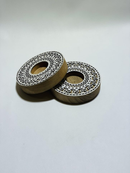 Handcrafted Wooden Tea Light Holder Set, Traditional Mandala Design, Natural Wood with Metallic Gold Finish, 2 Pieces, Indoor Decor