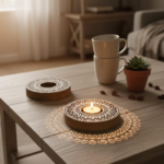 Handcrafted Wooden Tea Light Holder Set, Traditional Mandala Design, Natural Wood with Metallic Gold Finish, 2 Pieces, Indoor Decor - Image 4