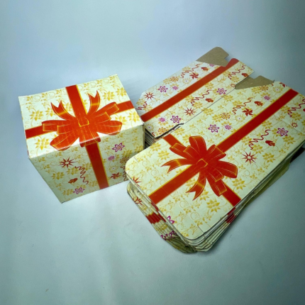 Decorative Gift Box with Red Ribbon and Floral Print, Cardboard, pack of 50