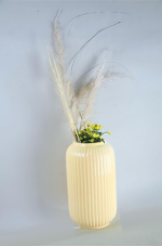 Decorative Ceramic Flower Vase, 23 cm Height, Ribbed Design, Light Yellow with Artificial Flowers - Image 4