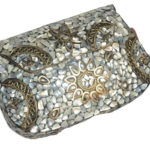Designer Mosaic Mirror Clutch Bag, Handcrafted Brass Embellishments, Silver-Toned Glass Tiles, Chain Strap