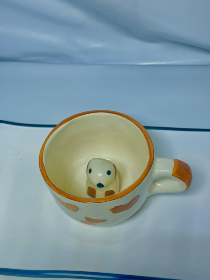 Novelty Ceramic Coffee Mug with Hidden Dog Design, Orange Heart Pattern, White