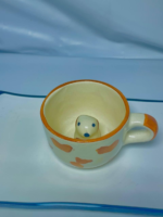 Novelty Ceramic Coffee Mug with Hidden Dog Design, Orange Heart Pattern, White - Image 2