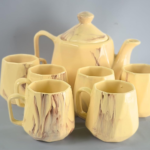 Ceramic Tea Set with Marble Pattern, 7-Piece, Yellow with Brown Swirls, 1 Teapot and 6 Cups