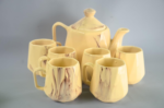 Ceramic Tea Set with Marble Pattern, 7-Piece, Yellow with Brown Swirls, 1 Teapot and 6 Cups