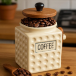 Ceramic Coffee Canister with Wooden Lid and Scoop, Dimpled Design, White
