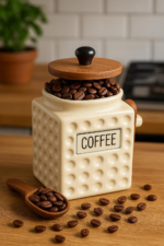 Ceramic Coffee Canister with Wooden Lid and Scoop, Dimpled Design, White